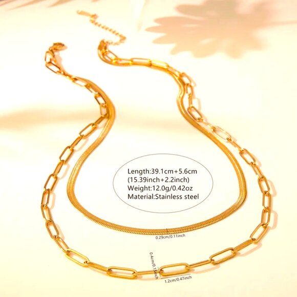 2 CHAIN 18K GOLD DIPPED SMOOTH CHAIN AND PAPER CLIP CHAIN NECKLACES - Picture 1 of 1